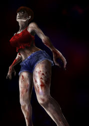 Rule 34 | 1girl, armpits, bare legs, blood, blood from mouth, blood on arm, blood on face, blood on hands, blood on leg, brown hair, capcom, collarbone, colored skin, crop top, denim, denim shorts, feet out of frame, female focus, grey skin, midriff, misty (residen evil), navel, pupiless eyes, red tank top, resident evil, resident evil 2, shoe soles, short hair, short shorts, shorts, solo, standing, tank top, thighs, uriens, zombie, zombie girl