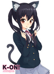 Rule 34 | 1girl, animal ears, bad id, bad pixiv id, black hair, blazer, brown eyes, cat ears, cat tail, character name, copyright name, fake animal ears, holding, holding own hair, jacket, k-on!, long hair, looking at viewer, maeda risou, nail polish, nakano azusa, pleated skirt, school uniform, simple background, skirt, solo, tail, twintails, white background