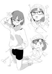 Rule 34 | 1girl, banned artist, bike shorts, blush, chrono trigger, full body, glasses, greyscale, hammer, helmet, highres, looking at viewer, lucca ashtear, makio (makiomeigenbot), monochrome, open mouth, pencil, scarf, short hair, simple background, smile, solo, white background