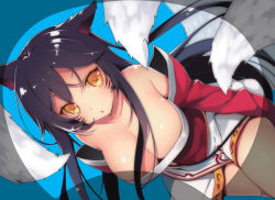Rule 34 | 1girl, ahri (league of legends), animal ears, bad id, bad pixiv id, bare shoulders, black hair, breasts, cleavage, detached sleeves, dutch angle, facial mark, fox ears, fox tail, hase neet, huge breasts, korean clothes, large breasts, league of legends, long hair, low neckline, multiple tails, open mouth, shiny skin, sidelocks, solo, tail, very long hair, yellow eyes