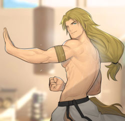 Rule 34 | 1boy, abs, bara, blonde hair, brown hair, chiron (fate), fate/apocrypha, fate (series), hunterkay, large pectorals, long hair, male focus, muscular, parted bangs, pectorals, smile, solo, sweat, topless male, training