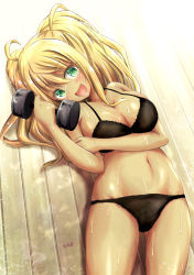 Rule 34 | 1girl, :d, artist name, black bra, black panties, blonde hair, bra, breasts, cleavage, commentary request, dumbbell, dumbbell nan kilo moteru?, fang, from above, gluteal fold, green eyes, groin, head tilt, holding, large breasts, long hair, looking at viewer, lying, navel, on back, open mouth, panties, partial commentary, sakura hibiki, saz (sazin764), signature, skindentation, smile, solo, sweat, tan, thighs, twintails, underwear, underwear only, wooden floor