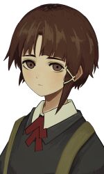 Rule 34 | 1girl, absurdres, asymmetrical hair, blazer, brown eyes, brown hair, closed mouth, collared shirt, commentary request, grey jacket, hair ornament, highres, iwakura lain, jacket, luce65535, neck ribbon, parted bangs, red ribbon, ribbon, serial experiments lain, shirt, short hair, shoulder strap, simple background, single sidelock, solo, upper body, white background, white shirt, x hair ornament