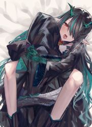 Rule 34 | 1boy, 1girl, arknights, bed sheet, black coat, black footwear, black hair, blush, boots, clothed sex, coat, colored skin, doctor (arknights), dragon girl, dragon horns, dragon tail, dusk (arknights), earrings, feet out of frame, gradient hair, green hair, green skin, hair over one eye, heavy breathing, hetero, highres, hood, hood up, hooded coat, horns, jewelry, knee boots, legs up, long hair, long sleeves, lying, multicolored hair, necktie, on back, on bed, open mouth, pointy ears, red eyes, red necktie, sex, spread legs, suujiniku, tail, tongue, tongue out, very long hair