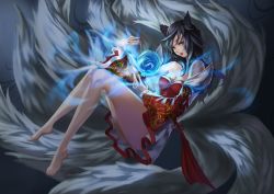 Rule 34 | 1girl, ahri (league of legends), animal ears, barefoot, black hair, breasts, cleavage, feet, fox ears, fox girl, fox tail, green eyes, league of legends, magic, magic circle, multiple tails, panchi (heyope), solo, tail
