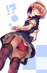 Rule 34 | !?, 1girl, ass, blush, bow, breasts, brown hair, dress, from behind, from below, garter straps, highres, kinugasa yuuichi, lace, lace-trimmed legwear, lace-trimmed panties, lace trim, looking at viewer, looking back, maid, maid headdress, neck ribbon, nose blush, open mouth, original, panties, parted lips, petticoat, red eyes, red panties, ribbon, short dress, short hair, short sleeves, small breasts, solo, standing, thighhighs, thighs, underwear, upskirt, wrist cuffs
