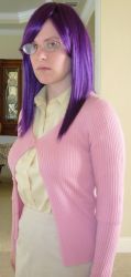 Rule 34 | 1other, airbrushed, androgynous, breasts, cosplay, gender request, glasses, gundam, gundam 00, photo (medium), purple hair, red eyes, solo, tieria erde