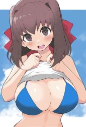 Rule 34 | 1girl, bare shoulders, bikini, blue bikini, blush, breasts, brown eyes, brown hair, cleavage, clothes lift, cloud, commentary request, girls und panzer, hair between eyes, hair intakes, headband, highres, kondou taeko, large breasts, looking at viewer, medium hair, open mouth, shiny skin, shirt lift, sky, smile, solo, swimsuit, upper body, yabai gorilla