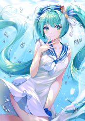 Rule 34 | 1girl, ahoge, air bubble, bubble, dress, floating hair, green eyes, green hair, hat, hatsune miku, highres, long hair, minori (faddy), sailor dress, smile, solo, submerged, twintails, underwater, very long hair, vocaloid, white dress