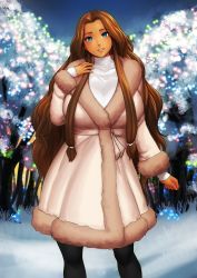 Rule 34 | 1girl, black pants, blue eyes, blush, breasts, brown coat, brown hair, coat, commission, dark-skinned female, dark skin, erkaz, feet out of frame, fur trim, grass, hand up, highres, huge breasts, long hair, long sleeves, original, pants, parted lips, shirt, smile, snow, solo, very long hair, white shirt, winter clothes