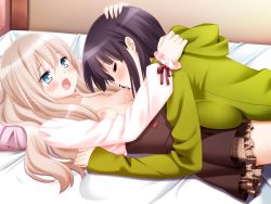 Rule 34 | 2girls, black hair, blonde hair, blue eyes, blush, breast press, breast sucking, breasts, casual, closed eyes, game cg, girl on top, hand on another&#039;s head, height difference, hood, hoodie, impossible clothes, impossible jacket, jacket, kani biimu, kawamura reo, long hair, lying, multiple girls, nipples, open mouth, pillow, sawaguchi mai, short hair, small breasts, sono hanabira ni kuchizuke wo, yuri