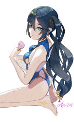 Rule 34 | 1girl, absurdres, alternate costume, aquilar, ass, black hair, blue one-piece swimsuit, casual one-piece swimsuit, chinese commentary, commentary request, feet, food, genshin impact, green eyes, highres, ice cream, long hair, looking at viewer, mona (genshin impact), one-piece swimsuit, simple background, sitting, solo, swimsuit, tongue, tongue out, twintails, wariza, white background