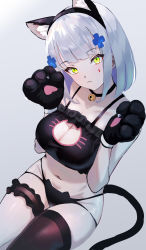 Rule 34 | 1girl, :3, absurdres, animal ears, animal hands, bare shoulders, bell, black bra, black choker, black hairband, black panties, black thighhighs, blush, bra, breasts, cat cutout, cat ears, cat girl, cat lingerie, cat tail, choker, cleavage, cleavage cutout, closed mouth, clothing cutout, collarbone, commentary, facial mark, girls&#039; frontline, gloves, green eyes, hair ornament, hairband, head tilt, highres, hk416 (girls&#039; frontline), jingle bell, large breasts, long hair, looking at viewer, meme attire, neck bell, panties, paw gloves, silver hair, single thighhigh, sitting, smile, solo, symbol-only commentary, tail, thigh strap, thighhighs, underwear, underwear only, wolf9