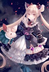 Rule 34 | 1girl, absurdres, bow, bowtie, closed mouth, commentary request, double bun, dress, falling petals, frilled cuffs, frilled dress, frills, hair bow, hair bun, high heels, highres, layered dress, lolita fashion, long hair, looking at viewer, luna (shadowverse), miyakure, petals, red bow, red bowtie, red pupils, shadowverse, solo, stuffed animal, stuffed dog, stuffed toy, twintails, very long hair, yellow eyes