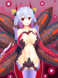 Rule 34 | 1girl, :d, asamura hiori, bare shoulders, blush, breasts, center opening, cleavage, collarbone, edea cluster, elbow gloves, female focus, gloves, gradient background, groin, hair between eyes, hair rings, highres, large breasts, long hair, looking at viewer, matoi (pso2), multicolored hair, navel, neck, open mouth, phantasy star, phantasy star online 2, purple hair, red eyes, red gloves, revealing clothes, short hair, silver hair, smile, solo, spoilers, standing, the profound darkness, thighhighs, twintails, two-tone hair
