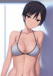 Rule 34 | 1girl, against wall, bikini, black hair, blue eyes, breasts, cleavage, closed mouth, collarbone, grey bikini, hashi, indoors, looking at viewer, medium breasts, navel, original, short hair, solo, stomach, swimsuit, tomboy, toned, upper body