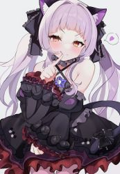 Rule 34 | 1girl, :q, animal ears, artist request, bare shoulders, blush, cat ears, cat tail, flat chest, heart, highres, hololive, long hair, looking at viewer, murasaki shion, murasaki shion (gothic lolita), speech bubble, tail, tongue, tongue out, v-shaped eyebrows, virtual youtuber, white background