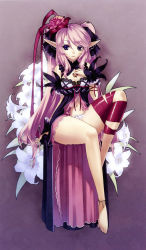 Rule 34 | 1girl, absurdres, agarest senki, agarest senki (series), alternate costume, anklet, bare legs, barefoot, bow, breasts, cleavage, cleavage cutout, clothing cutout, detached sleeves, elf, ellis (agarest senki), feet, flower, gloves, hair bow, hair flower, hair ornament, hand on own chest, highres, hirano katsuyuki, jewelry, leg up, legs, long hair, long legs, navel, necklace, pink hair, pointy ears, purple eyes, ribbon, sitting, solo, thick thighs, thighs, twintails, very long hair