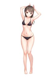 Rule 34 | 1girl, absurdres, armpits, arms behind head, arms up, bare arms, bare legs, bare shoulders, barefoot, bikini, black bikini, blush, breasts, brown eyes, brown hair, closed mouth, collarbone, full body, gluteal fold, half updo, highres, long hair, looking at viewer, medium breasts, midriff, mignon, navel, non-web source, original, scan, sidelocks, skindentation, smile, solo, strap gap, string bikini, swimsuit, toes
