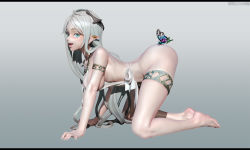 Rule 34 | 1girl, 3d, all fours, aqua eyes, arched back, armlet, bad id, bad pixiv id, bare legs, barefoot, breasts, bug, butterfly, earrings, elf, from side, full body, gradient background, highres, insect, jewelry, large breasts, leslyzerosix, letterboxed, long hair, original, parted bangs, perky breasts, pointy ears, see-through, sideboob, silver hair, simple background, smile, solo, thighlet