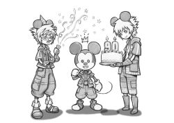 Rule 34 | 3boys, animal ears, boots, cake, confetti, crown, food, groucho glasses, glasses, greyscale, happy birthday, hat, hood, hoodie, kingdom hearts, kingdom hearts iii, male focus, mickey mouse, mickey mouse ears, mini hat, monochrome, mouse ears, mouse tail, multiple boys, nomura tetsuya, open mouth, party popper, riku (kingdom hearts), smile, sora (kingdom hearts), spiked hair, standing, tail, wizard hat