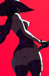Rule 34 | 1girl, arc system works, ass, black hair, breasts, fingerless gloves, gloves, guilty gear, guitar, hat, highres, i-no, instrument, nipples, panties, playzholder, simple background, solo, thighhighs, topless, underwear, witch