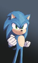 Rule 34 | 1boy, absurdres, animal nose, clenched hands, closed mouth, furry, furry male, gloves, green eyes, highres, looking at viewer, male focus, ryan (ritenichi), smile, solo, sonic (live action), sonic (series), sonic the hedgehog, sonic the hedgehog 2 (film), standing, white gloves