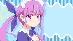 Rule 34 | 1girl, :o, animated, blue background, blue bow, blue dress, blue hair, blue ribbon, blunt bangs, blush, bow, braid, closed eyes, closed mouth, colored inner hair, commentary, dress, hair ribbon, highres, hololive, long hair, looking at viewer, maid headdress, minato aqua, minato aqua (1st costume), multicolored hair, parted lips, puffy short sleeves, puffy sleeves, purple eyes, purple hair, ribbon, short sleeves, sidelocks, smile, solo, star (symbol), starry background, striped, striped background, twintails, two-tone hair, upper body, vertical stripes, video, virtual youtuber, x-6