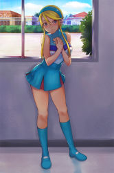 Rule 34 | 1girl, blonde hair, blue eyes, blush, boots, cheerleader, hairband, hands on own chest, heroman, lina davis, looking at viewer, oboro (squeeze), parted lips, skirt, solo