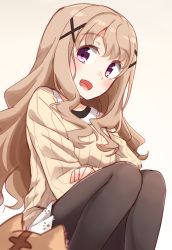 Rule 34 | 1girl, :d, animal, bad id, bad pixiv id, beige background, beige sweater, black pantyhose, blurry, blurry foreground, blush, cat, depth of field, hair between eyes, hair ornament, high school fleet, highres, kapatarou, light brown hair, long sleeves, looking at viewer, open mouth, pantyhose, purple eyes, simple background, skirt, smile, solo, sweater, uda megumi, white skirt, x hair ornament