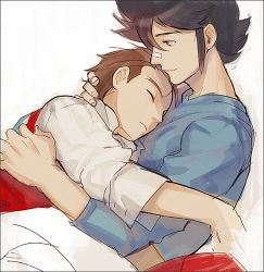 Rule 34 | 2boys, ace attorney, alternate costume, apollo justice, bandaid, bandaid on face, bandaid on nose, black hair, border, brown hair, clay terran, couple, cuddling, closed eyes, fingernails, formal, hand on another&#039;s head, head on chest, hug, male focus, multiple boys, no headwear, no headwear, pants, phoenix wright: ace attorney - dual destinies, profile, reka, rolled, sitting, sitting on lap, sitting on person, sketch, smile, spoilers, suit, sweater, vest, yaoi