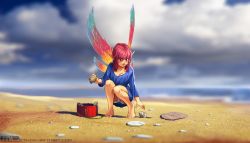 Rule 34 | 1girl, bare legs, barefoot, beach, blue dress, blurry, bottle cap, breasts, cloud, cloudy sky, commentary, day, depth of field, dress, erylia (mleth), fairy, fairy wings, full body, highres, mini person, minigirl, mleth, ocean, original, outdoors, panties, pantyshot, pink hair, pointy ears, red eyes, seashell, shell, sky, small breasts, solo, squatting, toes, underwear, watermark, web address, white panties, wings