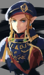 Rule 34 | 1boy, armor, beret, blonde hair, blue eyes, blue hat, cape, closed mouth, commentary, earrings, hat, highres, jewelry, light frown, link, looking at viewer, male focus, na (oagenosuke), nintendo, pointy ears, sketch, solo, the legend of zelda, upper body