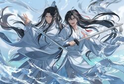 Rule 34 | 2boys, artist name, bishounen, black hair, blue sky, chinese clothes, closed mouth, cloud, commentary request, day, expressionless, floating hair, hair ornament, hair ribbon, hand up, hands up, hanfu, headband, high ponytail, holding, holding sword, holding weapon, jian (weapon), lan wangji, long hair, long sleeves, looking at another, looking at viewer, male focus, modao zushi, multiple boys, open mouth, outdoors, pants, parted bangs, ponytail, red ribbon, ribbon, robe, sash, sidelocks, sideways glance, sky, smile, standing, sword, teeth, twitter username, usagishi, very long hair, water, watermark, weapon, wei wuxian, white headband, white pants, white robe, white sash, wide sleeves, yellow eyes