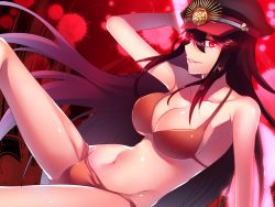 Rule 34 | 1girl, aburai yui, bare shoulders, bikini, black hair, blood, breasts, fate/grand order, fate (series), glowing, glowing eyes, hat, highres, large breasts, long hair, looking at viewer, navel, oda nobunaga (fate), oda nobunaga (koha-ace), oda nobunaga (swimsuit berserker) (fate), oda nobunaga (swimsuit berserker) (third ascension) (fate), red eyes, smile, solo, swimsuit