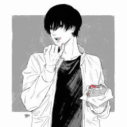 Rule 34 | 1boy, black hair, black shirt, burger, chainsaw man, earrings, eating, food, food on face, hair between eyes, highres, jacket, jewelry, ketchup, long sleeves, mole, mole under mouth, monochrome, ohisama33ohayo3, open mouth, piercing, shirt, short hair, sleeves past elbows, solo, teeth, tongue, white jacket, wiping face, yoshida hirofumi