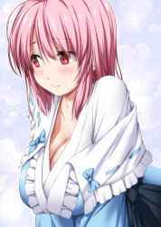 Rule 34 | 1girl, blush, bra, breasts, cleavage, closed mouth, frilled kimono, frills, heart, japanese clothes, kimono, large breasts, looking away, looking to the side, nori tamago, pink bra, pink hair, red eyes, saigyouji yuyuko, short hair, solo, sweat, touhou, underwear