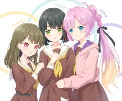 3girls :o absurdres anyoji_hime black_hair black_ribbon blue_eyes blunt_bangs blush braid brown_dress brown_hair character_name chestnut_mouth circle closed_mouth commentary_request dress flower_knot gradient_hair green_eyes group_hug hair_intakes hair_ribbon hanazora_satsuki hand_on_another&#039;s_arm hand_on_own_chest hasu_no_sora_school_uniform highres hug jacket kachimachi_kosuzu link!_like!_love_live! long_sleeves looking_at_viewer love_live! momose_ginko multi-tied_hair multicolored_hair multiple_girls neckerchief open_clothes open_jacket open_mouth outline parted_bangs pink_eyes pink_hair pink_jacket pleated_dress ponytail purple_jacket ribbon sailor_collar school_uniform sidelocks smile split_mouth virtual_youtuber white_background white_outline white_sailor_collar winter_uniform yellow_neckerchief