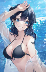 Rule 34 | 1girl, arm up, bare shoulders, bikini, black bikini, black hair, blue eyes, breasts, cleavage, collarbone, commentary, day, earrings, front-tie bikini top, front-tie top, grin, halterneck, highres, jewelry, long hair, looking at viewer, medium breasts, mole, mole under eye, navel, ocean, off shoulder, open clothes, original, outdoors, see-through, smile, solo, stomach, strap gap, string bikini, swimsuit, symbol-only commentary, ttosom, upper body