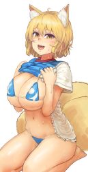 Rule 34 | 1girl, :d, absurdres, animal ear fluff, animal ears, bare arms, bare legs, bikini, bikini under clothes, blonde hair, breasts squeezed together, breasts, chanta (ayatakaoisii), cleavage, clothes lift, covered erect nipples, extra ears, fangs, fox ears, fox tail, hair between eyes, hands up, highres, large breasts, lifted by self, looking at viewer, micro bikini, multiple tails, navel, no headwear, no headwear, no pants, open mouth, seiza, shirt lift, short hair, short sleeves, simple background, sitting, skindentation, slit pupils, smile, solo, stomach, sweat, swimsuit, tail, touhou, white background, yakumo ran, yellow eyes