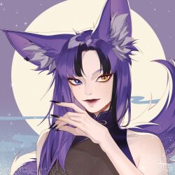 Rule 34 | 1girl, absurdres, animal ear fluff, animal ears, artist name, awful queen (vtuber), bad source, black nails, fox ears, fox girl, fox shadow puppet, fox tail, full moon, heterochromia, highres, indie virtual youtuber, lips, looking at viewer, mole, mole under eye, monster girl, moon, purple hair, red lips, taiga tiger, tail