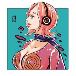 Rule 34 | 1girl, blue background, blue neckerchief, border, breasts, commentary request, curly eyebrows, dress, headphones, highres, large breasts, neckerchief, one piece, pink dress, pink hair, pink lips, profile, short hair, solo, square, torapunch, vinsmoke reiju, white border
