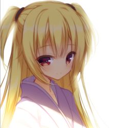 Rule 34 | 1girl, arihara nanami, blonde hair, blush, cariboy, closed mouth, collarbone, hair between eyes, japanese clothes, kimono, long hair, purple kimono, red eyes, riddle joker, sidelocks, simple background, smile, solo, two side up, uneven eyes, upper body, white background