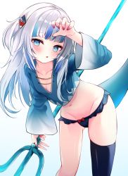 Rule 34 | 1girl, :o, blue eyes, blue hair, blue panties, blue shirt, blue thighhighs, blush, breasts, claw pose, commentary request, crop top, fins, fish tail, gawr gura, hair ornament, highres, holding, holding polearm, holding weapon, hololive, hololive english, leaning forward, leaning to the side, long hair, long sleeves, looking at viewer, multicolored hair, nail polish, navel, panties, pink nails, polearm, ribbon panties, shark hair ornament, shark tail, shirt, silver hair, single thighhigh, small breasts, solo, standing, tail, thighhighs, trident, two side up, underwear, virtual youtuber, weapon, wide sleeves, yuzuno kaori