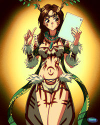 Rule 34 | 1990s (style), 1girl, artist name, bodypaint, branch, breasts, brown eyes, brown hair, confused, facepaint, highres, holding, holding tablet pc, jewelry, julia chang, looking to the side, medium breasts, midriff, namco, navel, necklace, pointing, pointing up, retro artstyle, selfie, short shorts, shorts, solo, strapless, tablet pc, tekken, tube top, white shorts, youdotan