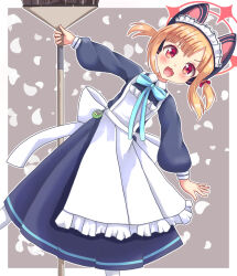 Rule 34 | 1girl, :d, animal ear headphones, animal ears, apron, blonde hair, blue archive, blue bow, blue dress, blush, bow, broom, collared dress, commentary request, dress, fake animal ears, frilled apron, frills, grey background, hair bow, halo, headphones, highres, holding, holding broom, leaning to the side, long sleeves, looking at viewer, maid, maid apron, maid headdress, momoi (blue archive), momoi (maid) (blue archive), official alternate costume, open mouth, pantyhose, pleated dress, puffy long sleeves, puffy sleeves, red bow, red eyes, short twintails, sills, smile, solo, standing, standing on one leg, tamagotchi, twintails, two-tone background, v-shaped eyebrows, white apron, white background, white pantyhose