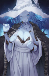 Rule 34 | 1girl, alternate breast size, blue skin, blush, breasts, cape, cleavage, cloak, colored skin, crack, cracked skin, doll joints, dress, elden ring, extra arms, finger to mouth, fur cape, fur cloak, glowing tattoo, hand up, hat, hayate (leaf98k), highres, index finger raised, joints, large breasts, large hat, long hair, long sleeves, looking at viewer, one eye closed, ranni the witch, shushing, smile, solo, white dress, wide sleeves, witch, witch hat