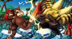 Rule 34 | ape, banana, blonde hair, brown hair, capcom, claws, clenched teeth, crossover, diddy kong, donkey kong, donkey kong (series), donkey kong country, food, fruit, grin, hat, highres, horns, ice, monkey, monkey tail, monster hunter (series), nintendo, no humans, palm tree, punching, rajang, red eyes, smile, tail, teeth, tree, tropical, wyvernsmasher