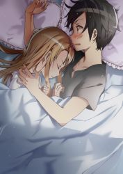 Rule 34 | 1boy, 1girl, bed sheet, black hair, black shirt, blush, brown hair, character request, collarbone, couple, embarrassed, closed eyes, frilled pillow, frills, from above, kirito, long hair, lying, on side, open mouth, pillow, poi himeya, shirt, sleeping, sword art online, under covers, upper body