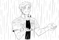Rule 34 | 1boy, alphonse elric, black shirt, blush, catching, cropped torso, fullmetal alchemist, greyscale, hands up, looking up, male focus, monochrome, open mouth, rain, shirt, short hair, simple background, smile, solo, solo focus, water, water drop, wet, wet clothes, wet hair, white background